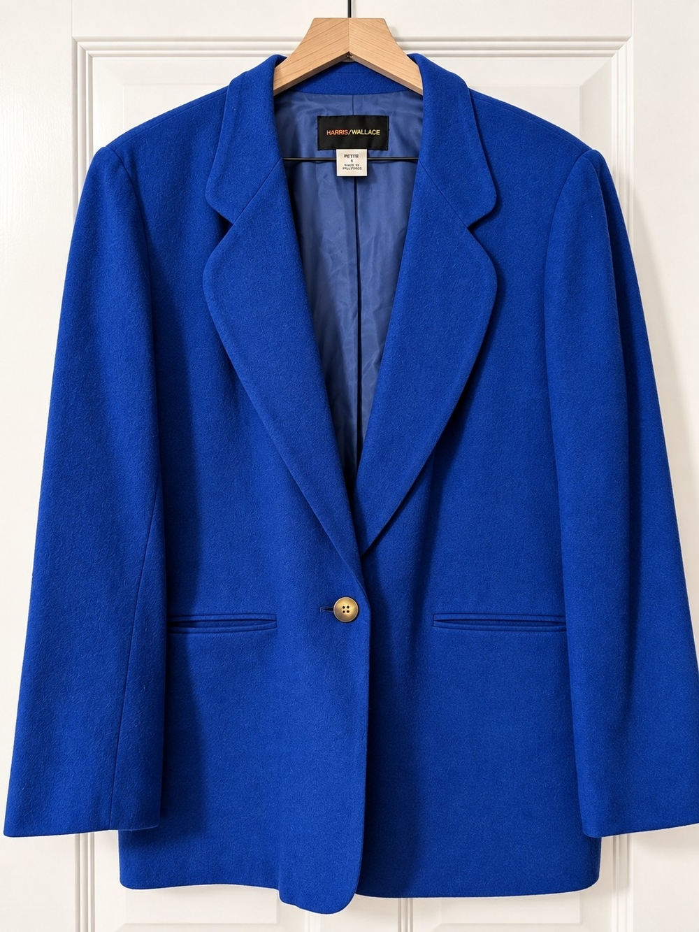 Vintage Harris Wallace Women's Royal Cobalt Blue Single-Button 100% Wool Blazer